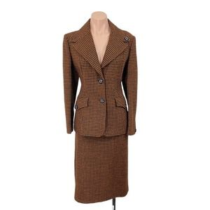 #1146 WETHERALL ENGLAND Vintage 70's 80's Brown Wool Checked Skirt Suit  M 8